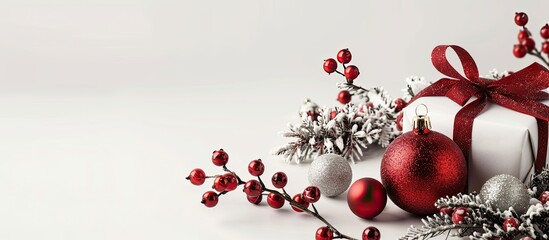 Poster - Decorative Christmas items displayed against a white backdrop including a red ornament and a gift box in a festive setting with copy space image