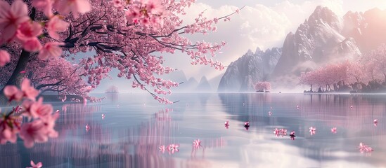 Poster - Beautiful cherry blossoms blooming in spring against a stunning backdrop with plenty of copy space image