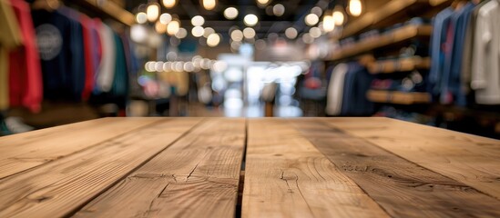 Leinwandbilder - Brown wooden table with blurred Sports clothing store in the background perfect copy space image for showcasing products