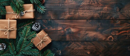 Aufkleber - Christmas atmosphere with gift boxes fir tree branch on wooden table creating a festive background with copy space image