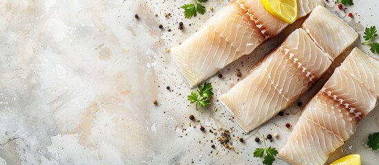Poster - A top down view of organic hake fish slices a healthy and raw seafood ingredient suitable for keto paleo or pescetarian diets with space for text in the image. Creative banner. Copyspace image