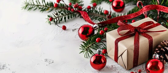 Poster - Decorative Christmas items displayed against a white backdrop including a red ornament and a gift box in a festive setting with copy space image
