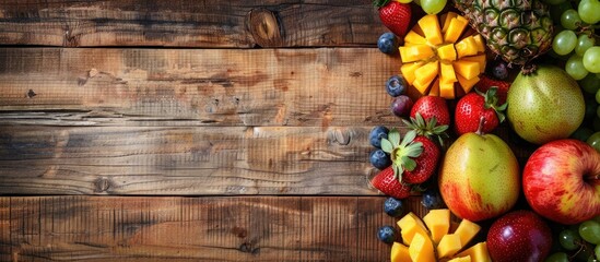 Poster - Assortment of fruits displayed on a vintage wooden surface with ample copy space image