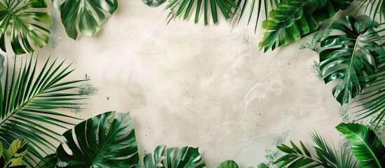 Wall Mural - Flat lay composition featuring tropical leaves within a vintage frame embodying a nature concept with copy space image