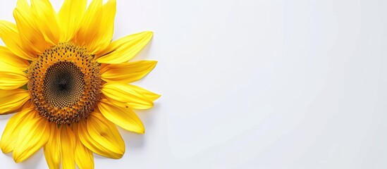 Aufkleber - Top view of a bright yellow sunflower against a blank white background with space for text or images on the side. Creative banner. Copyspace image