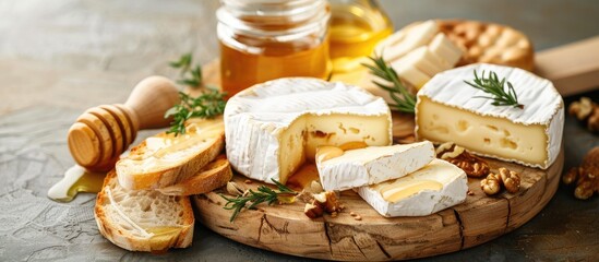 A cheese platter with Brie slices nuts honey and baguette toast on a wooden board with a copy space image showcasing different Italian and French cheeses like Brie