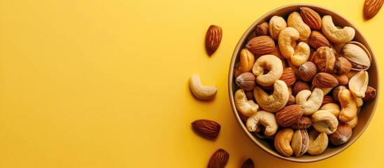 Wall Mural - Flat lay composition of delicious nuts arranged in a bowl on a yellow backdrop with ample copy space image