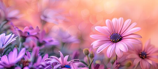 Wall Mural - An African Daisy Osteospermum rests on vibrant purple flowers in a garden set against a soft backdrop with ample copy space creating a field of pink and purple blooms