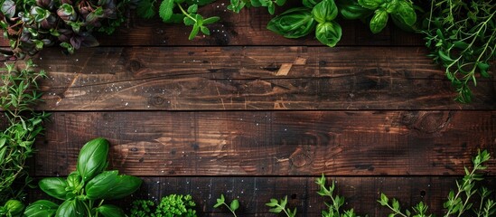 Aufkleber - Top down view of freshly picked garden herbs on a wooden surface with space for text or images. Creative banner. Copyspace image
