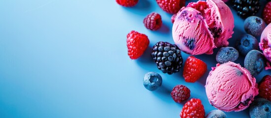 Poster - A blue backdrop displays a colorful ice cream serving topped with blueberries blackberries and raspberries Copy space image