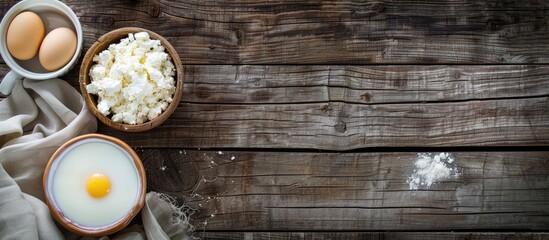 Aufkleber - View from above showcasing dairy products like cottage cheese sour cream milk egg and butter arranged on a rustic wooden table with ample copy space for additional elements in the image
