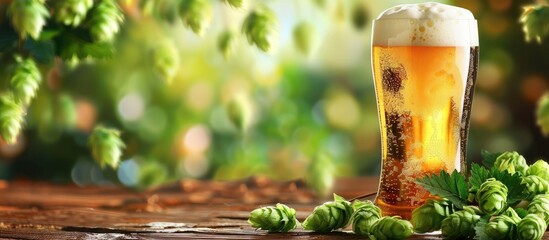 Poster - Beer glass with hops displayed in a copy space image
