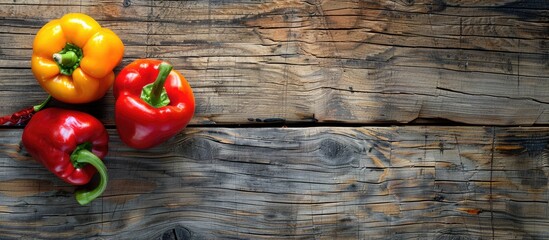 Poster - Top view of a Bulgarian pepper and paprika on a wooden surface with ample copy space image available
