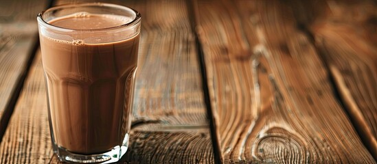 Poster - Chocolate milk in a glass on a wooden table with a copy space image suitable for text Refreshing dairy beverage