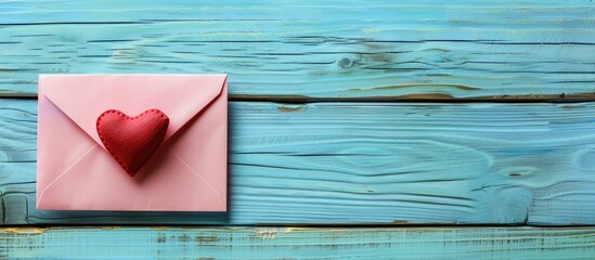 Poster - Composition for Valentine s Day birthdays weddings or other occasions A pink envelope with a red heart on a blue wooden backdrop offering copy space for text in a flat lay