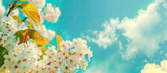 Poster - Close up photo of a bird cherry blossom against a vivid blue sky with copy space image