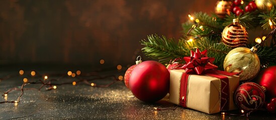 Poster - Christmas gift and Christmas tree decorations create a festive scene with copy space image