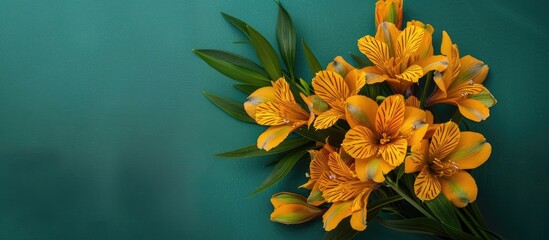 Fototapete - Top view bouquet of yellow Alstroemeria flowers on a green background with copy space image
