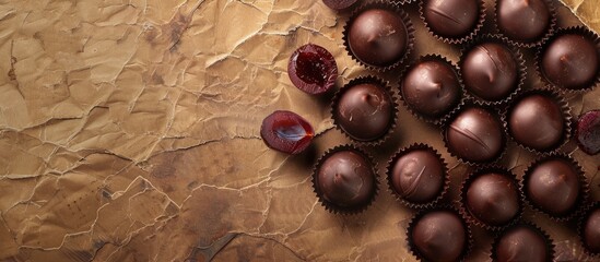 Poster - Dark chocolate candies filled with natural plum showcased in an antique paper like background with empty space for text or graphics. Creative banner. Copyspace image