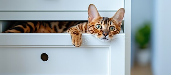 Canvas Print - A Bengal cat is concealed in the wardrobe s white drawer with copy space image