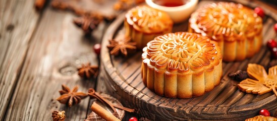 Poster - Close up of a mooncake on a wooden table background perfect for copy space image with traditional Chinese Mid Autumn Festival theme