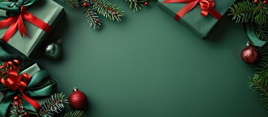 Poster - Christmas gift boxes with green and red ribbons on a green backdrop complete with a fir tree branch and festive ornaments for a stunning copy space image
