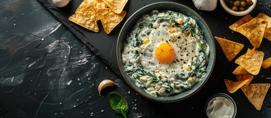 Poster - A delicious spinach dip with eggs in a bowl garlic and nacho chips on a black table in a flat lay arrangement featuring ample room for text in the image