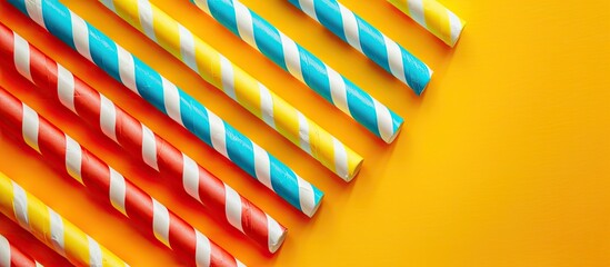 Poster - A vibrant display of paper straws on a bright yellow backdrop with a space for text or design. Creative banner. Copyspace image