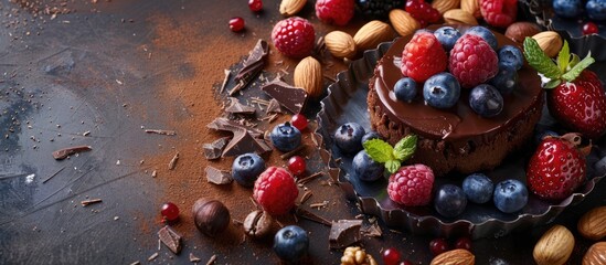 Poster - Delicious chocolate dessert adorned with nuts berries glazed biscuit and fruit perfect for coffee enjoyment with a beautiful copy space image