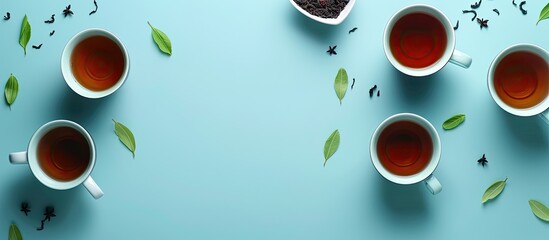 Poster - A flat lay arrangement with cups of fragrant black tea on a light blue backdrop providing space for text alongside the image. Creative banner. Copyspace image