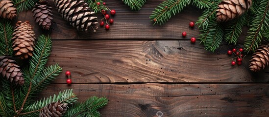 Poster - Top view of Christmas tree branches pine cones and red berries on an old wooden background with copy space image Ideal for Christmas winter holiday and New Year themes