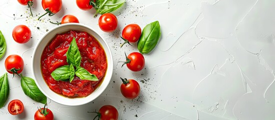 Poster - Top view of cherry tomatoes green basil and tomato sauce in a bowl on a white background with copy space image