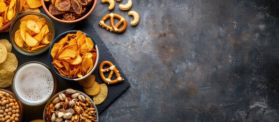 Poster - A top down view of lager beer snacks like nuts chips and pretzels on a stone table accompanied by a chalkboard for copy space image
