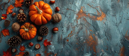 Poster - Autumn themed arrangement featuring pumpkins hazelnuts and cones on a textured surface with a fall aesthetic Top down view with space for text or images. Creative banner. Copyspace image