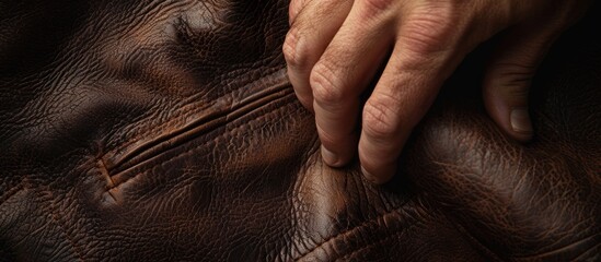 Aufkleber - Close up image of a man s hand examining a rich dark brown full grain leather with visible copy space in the background