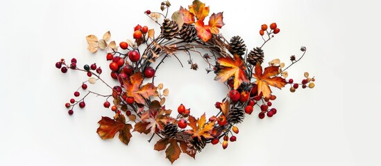 Aufkleber - Circular autumn wreath made of dried leaves twigs rose hips and pine cones on a white background portraying a rustic and natural fall design with ample copy space for an image