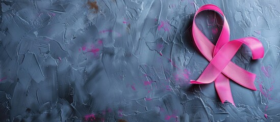 Poster - Breast cancer awareness concept displayed in a top view copy space image of a pink ribbon on a grey background