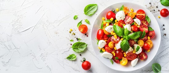 Poster - Delicious Italian caprese salad made with ripe tomatoes mozzarella basil and corn salad on a white background with copy space image ideal for a healthy and tasty dinner Top view