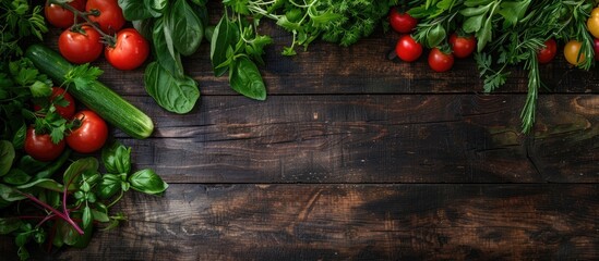 Poster - A captivating food styling scene with an assortment of fresh raw vegetables and herbs elegantly arranged on a dark wooden table perfect for healthy eating ideas with copy space image