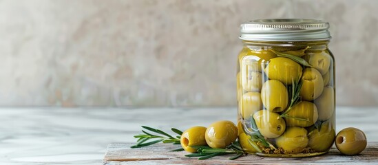 Poster - A close up of mouth watering pickled olives in a glass jar set against a light marble background on a wooden table with space for text Healthy Mediterranean vegan cuisine Scene captures olives in a k