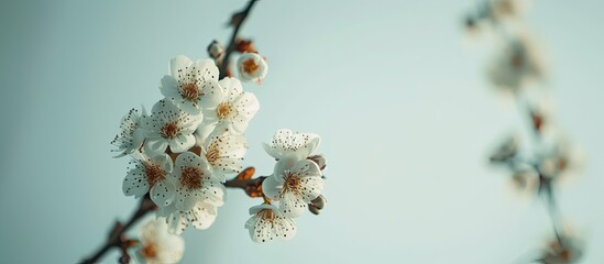 Poster - Close up of cherry white flowers on a branch against a pale sky with selective focus in a spring garden during the day providing copy space image