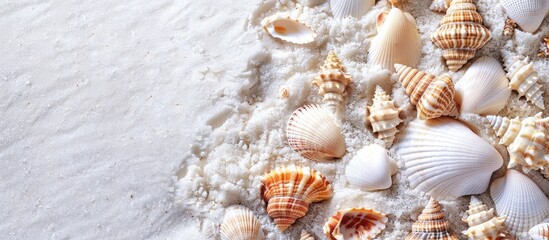 Aufkleber - A beach scene with seashells scattered over white sand a perfect summer holiday backdrop featuring a blank area for adding text or images. Creative banner. Copyspace image