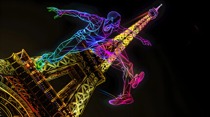 Holographic High Jump: A holographic effect illustration of a high jumper with the Eiffel Tower in the background on a black background.


