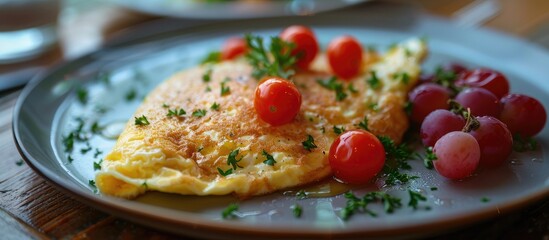 Poster - Delicious breakfast featuring an omelet garnished with tomato and grape on a plate with a generous amount of copy space for an image