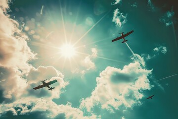 Wall Mural - A vintage airshow with classic planes performing aerial acrobatics against a bright