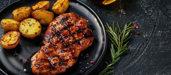 Poster - A black plate with grilled chicken steak seasoned potatoes set against a textured dark background ideal for a copy space image