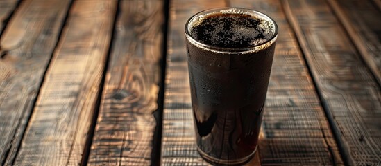 Aufkleber - A black drink in a glass cup is placed on a wooden floor with space for text or images in the background. Creative banner. Copyspace image