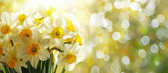 Poster - Bright backlight illuminates a bouquet of yellow and white spring daffodils featuring Narcissus centered in the copy space image