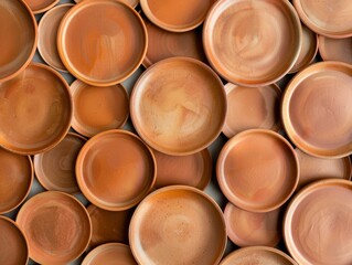 Poster - Aerial View of Symmetrical Arrangement of Terracotta Plates Creating Geometric Pattern with Warm Tones and Soft Lighting