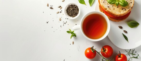 Sticker - Cheese sandwich garnished with herbs alongside tomato sunflower seeds and a cup of tea all set against a white backdrop with copy space image